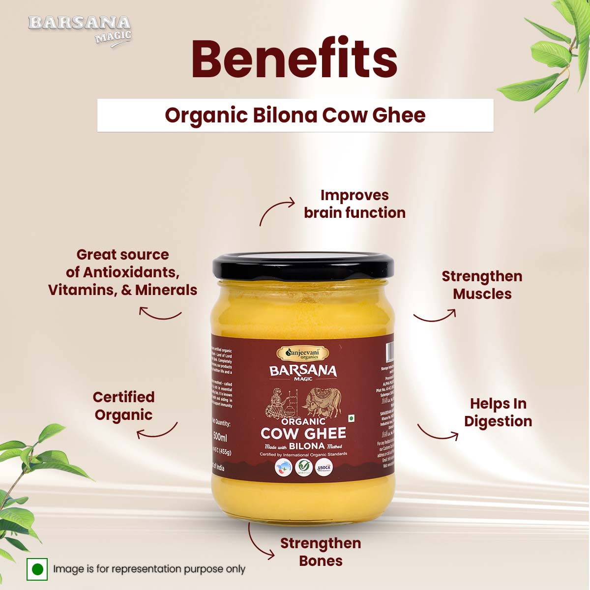 Barsana Magic and  Jar of Organic Bilona Cow Ghee with health benefits listed on a beige background