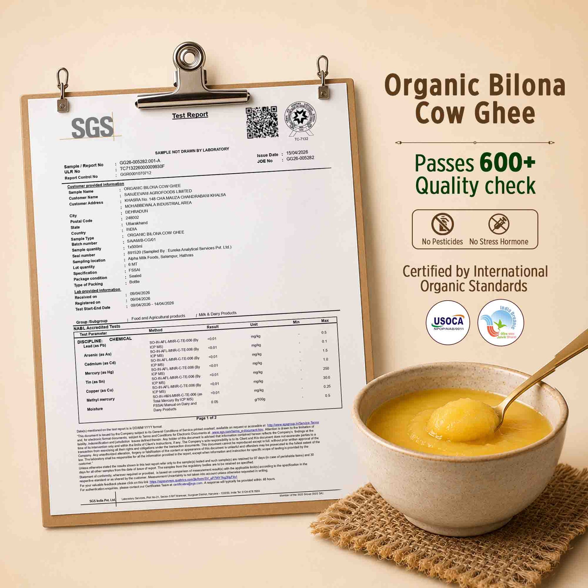 Barsana Magic and A bowl of yellow organic bilona cow ghee with a spoon sits on a woven coaster next to a clipboard showing an SGS test report, with text highlighting organic certification and quality checks.