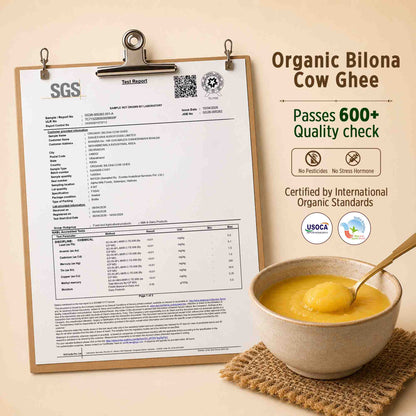 Barsana Magic and A bowl of yellow organic bilona cow ghee with a spoon sits on a woven coaster next to a clipboard showing an SGS test report, with text highlighting organic certification and quality checks.