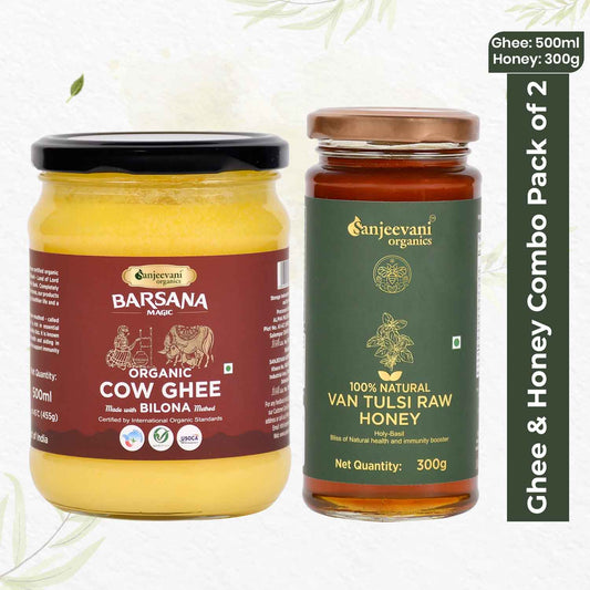 Organic Bilona Cow Ghee and 100% Natural Van Tulsi Raw Honey (Pack of 2)