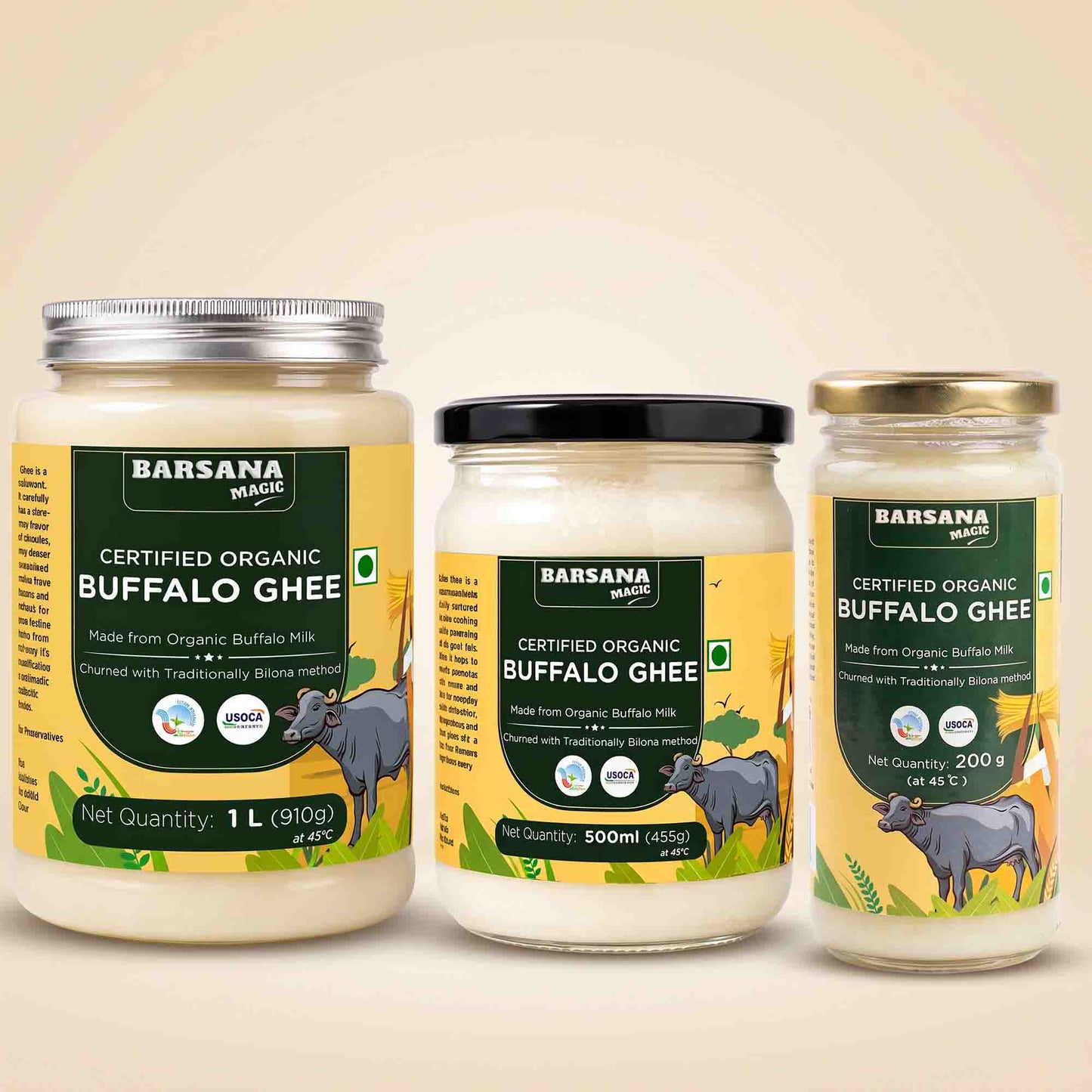 Barsana Magic and Three jars of Barsana Brand Certified Organic Buffalo Ghee arranged side by side on a light beige background. The jars show the white ghee inside, with labels in yellow, green, and black, and are topped with silver, black, and gold lids.