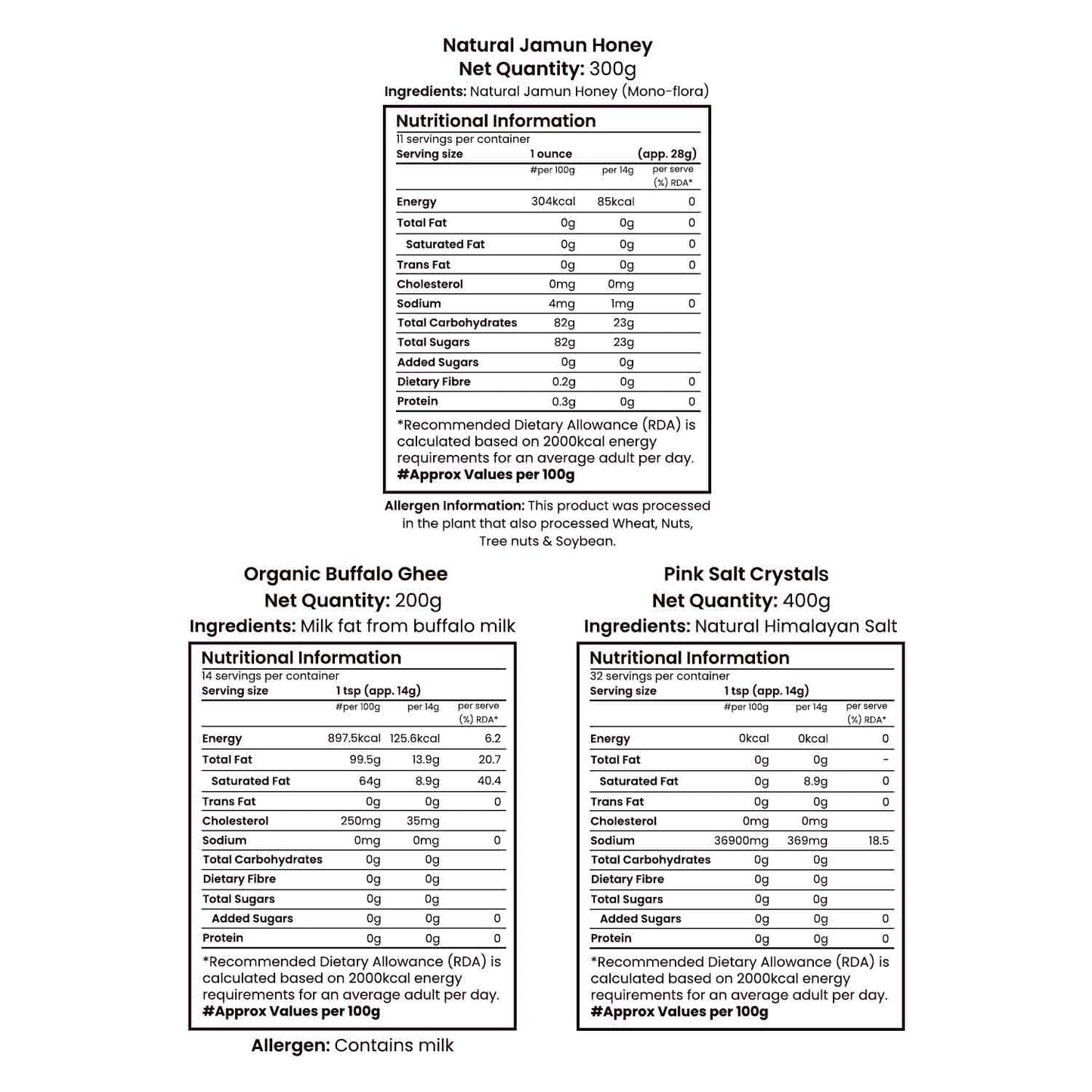 Barsana Magic and Nutritional information labels for Natural Jamun Honey, Organic Buffalo Ghee, and Pink Salt Crystals on a white background.