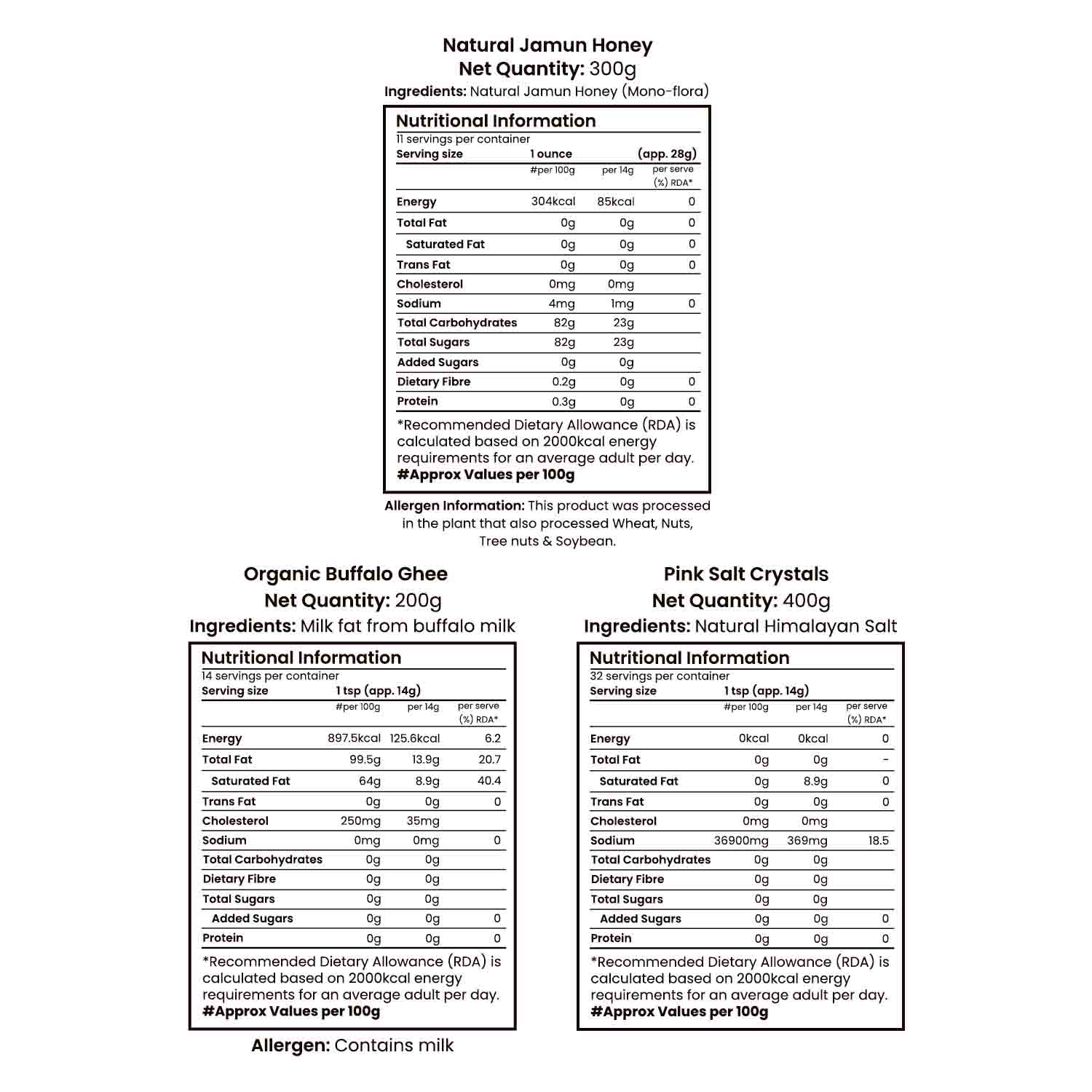 Barsana Magic and Nutritional information labels for Natural Jamun Honey, Organic Buffalo Ghee, and Pink Salt Crystals on a white background.