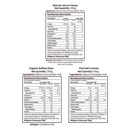Barsana Magic and Nutritional information labels for Natural Jamun Honey, Organic Buffalo Ghee, and Pink Salt Crystals on a white background.