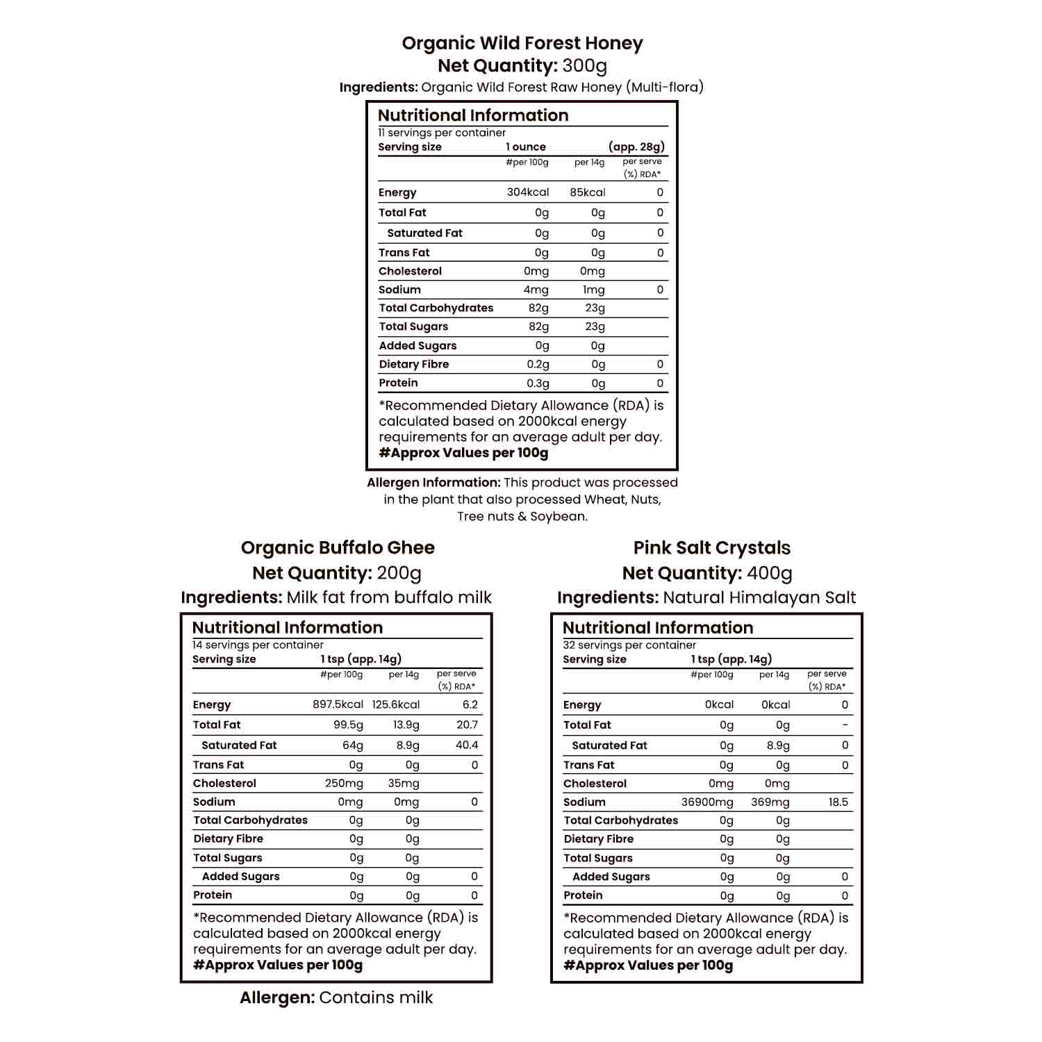 Barsana Magic and Nutritional information labels for Organic Wild Forest Honey, Organic Buffalo Ghee, and Pink Salt Crystals on a white background.