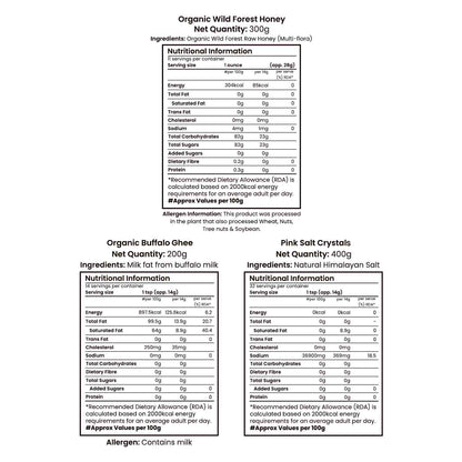 Barsana Magic and Nutritional information labels for Organic Wild Forest Honey, Organic Buffalo Ghee, and Pink Salt Crystals on a white background.