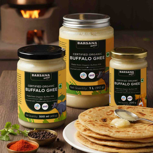 Barsana Magic and Jars of Buffalo Ghee with a plate of flatbread and spices on a wooden surface.