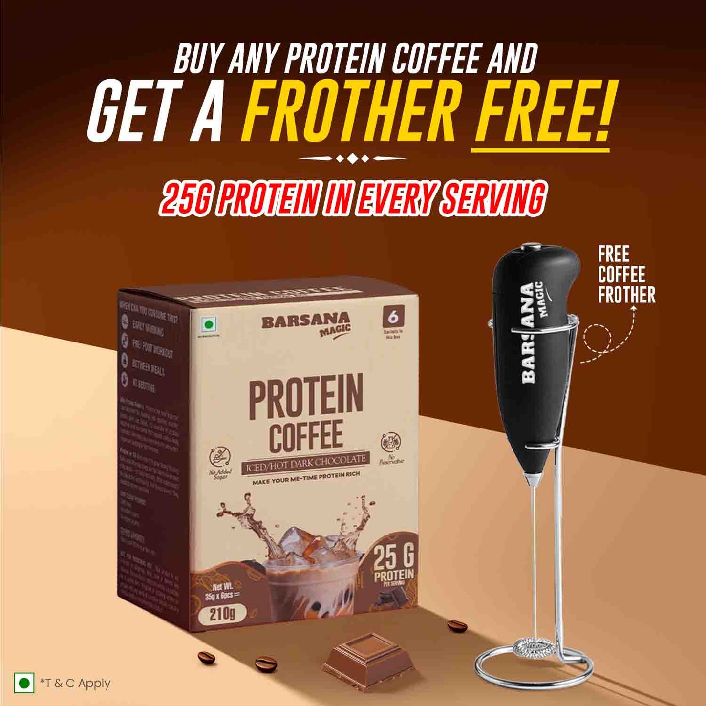 Barsana Magic and  Protein Coffee package with a free coffee frother on a brown background