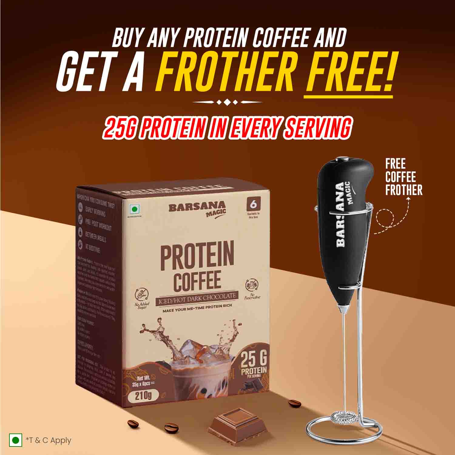 Barsana Magic and  Protein Coffee package with a free coffee frother on a brown background