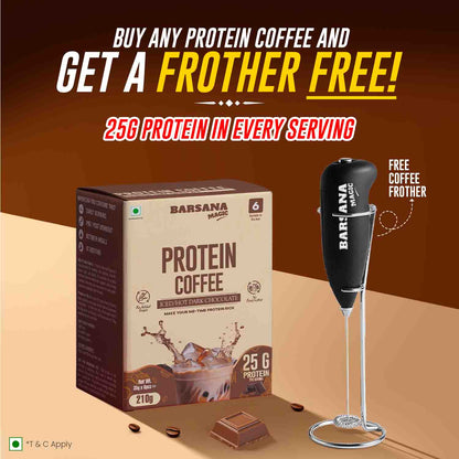 Barsana Magic and  Protein Coffee package with a free coffee frother on a brown background