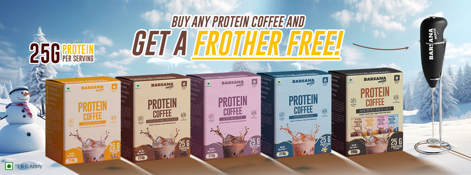 Barsana Magic and  protein coffee boxes with promotional text on a snowy background