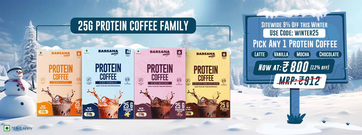 Barsana Magic and protein coffee family packaging with promotional text on a snowy background