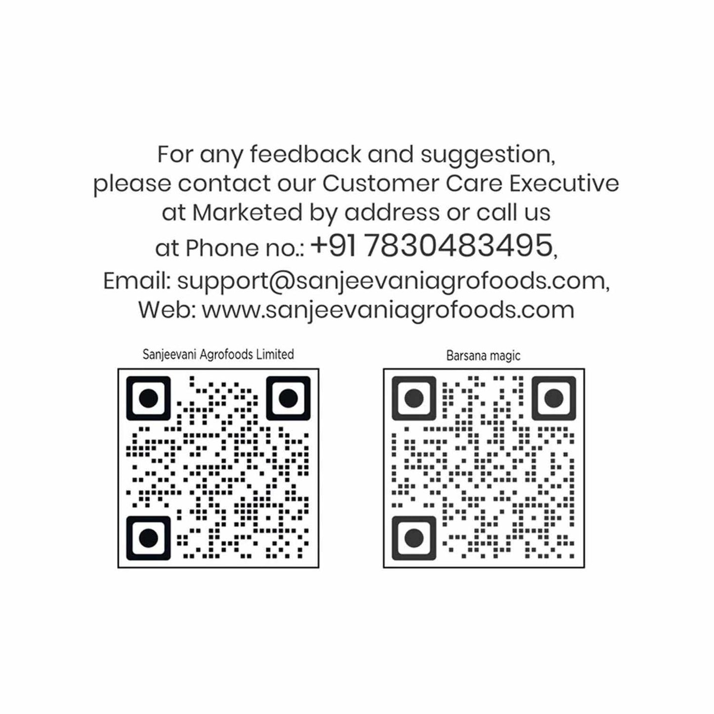 Barsana Magic and  Contact information for Sanjeevani Agrofoods Limited with QR codes on a white background