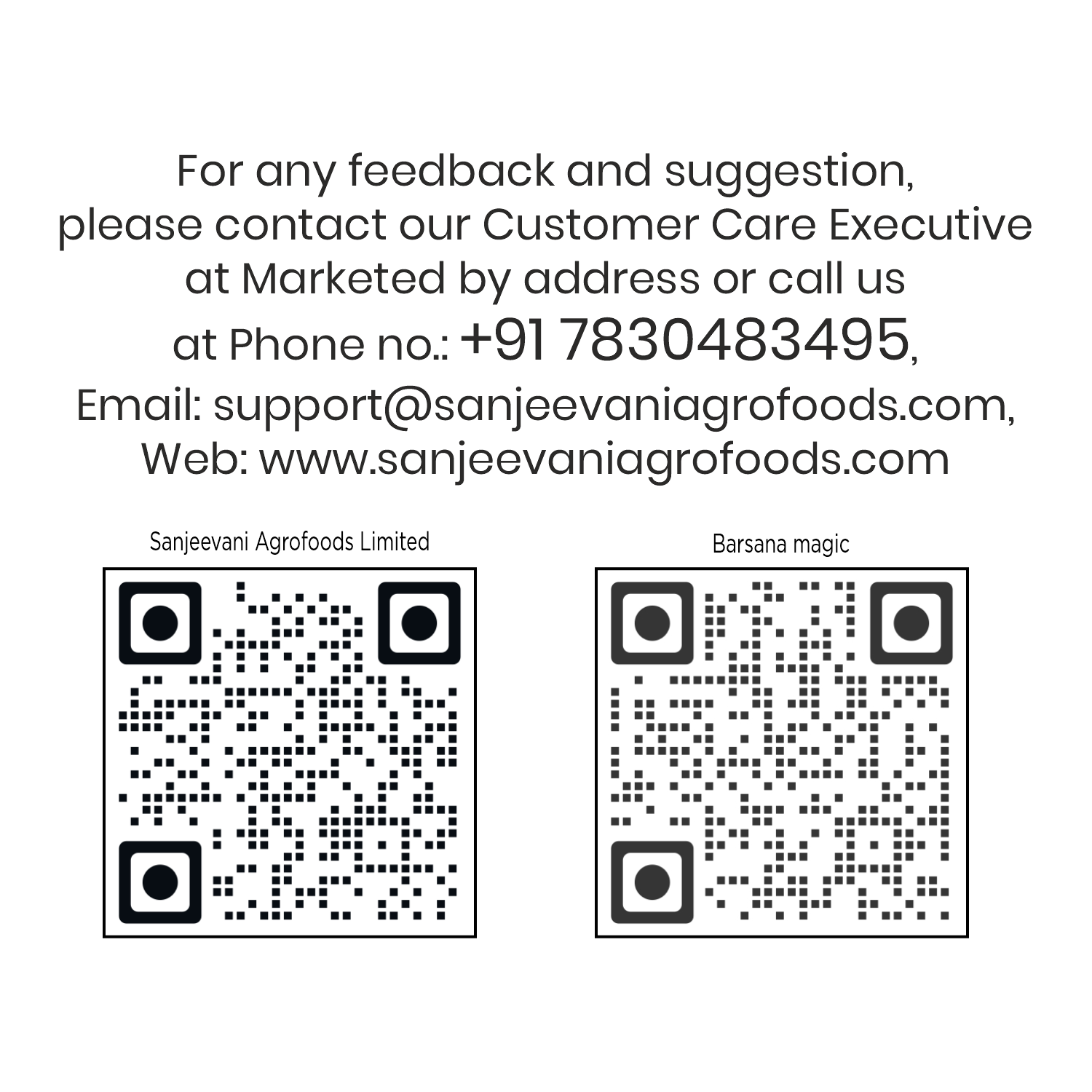 Barsana Magic and  Contact information for Sanjeevani Agrofoods Limited with QR codes on a white background