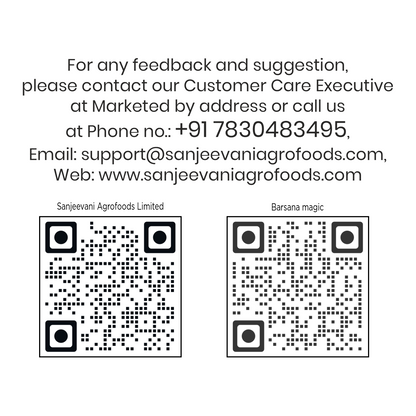 Barsana Magic and  Contact information for Sanjeevani Agrofoods Limited with QR codes on a white background