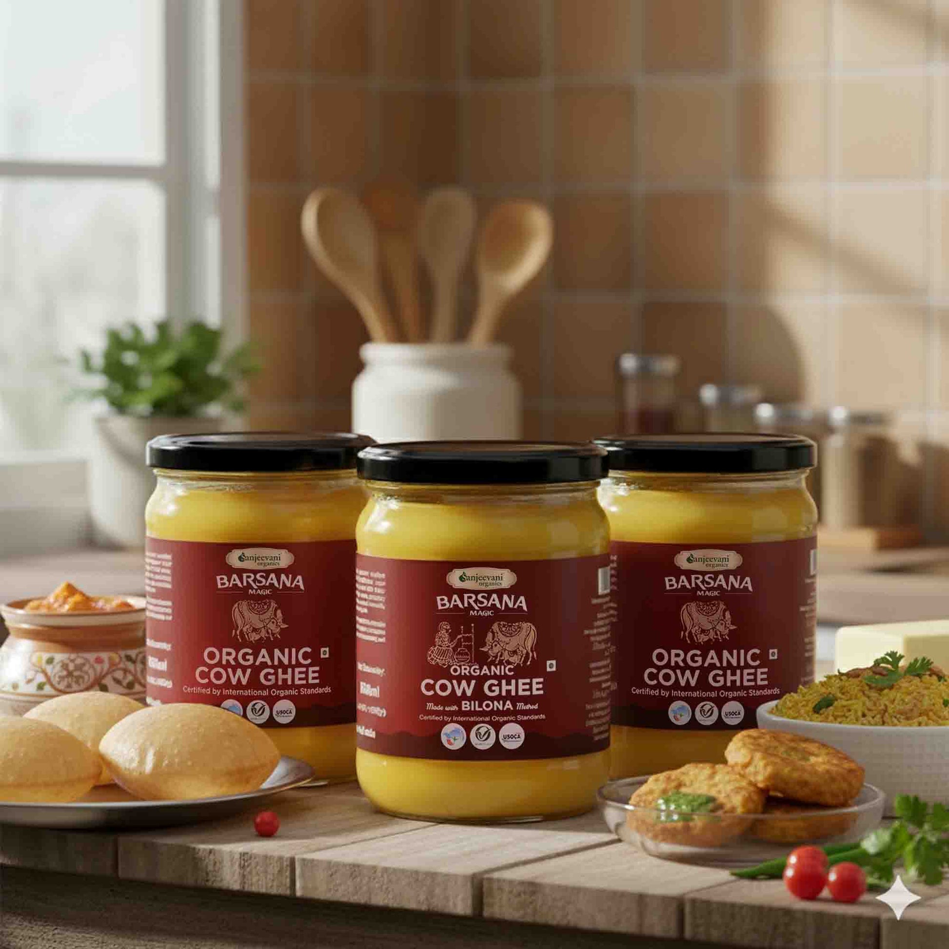 Barsana Magic and Three jars of Organic Cow Ghee on a kitchen counter with food items in the background.