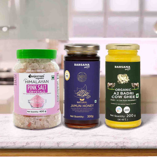 Organic A2 Badri Cow Ghee 200G x 1pc + Pink Salt Crystals 400G x 1pc + Natural Jamun Honey 300G x 1pc