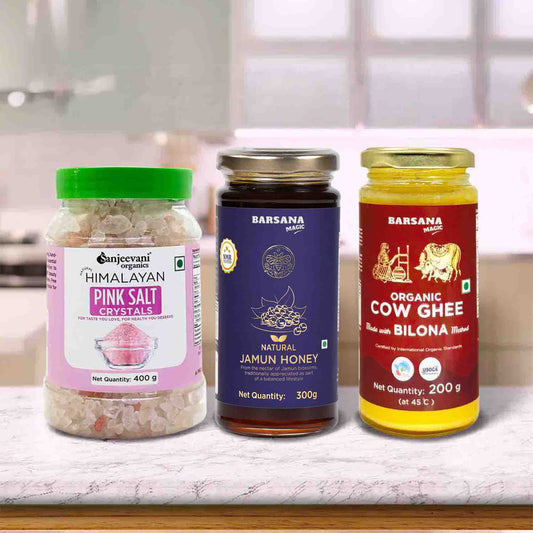 Organic Bilona Cow Ghee 200G x 1pc + Pink Salt Crystals 400G x 1pc + Natural Jamun Honey 300G x 1pc