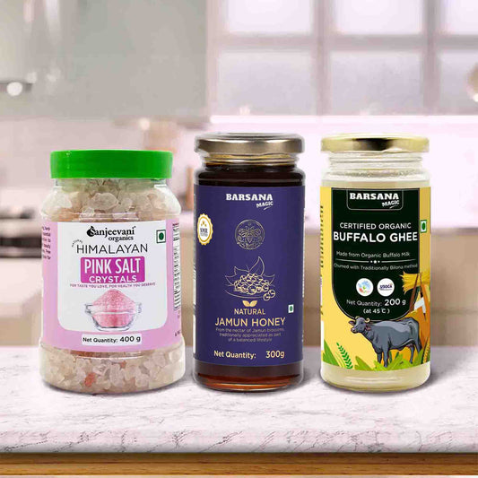 Organic Buffalo Ghee 200G x 1pc + Pink Salt Crystals 400G x 1pc + Natural Jamun Honey 300G x 1pc