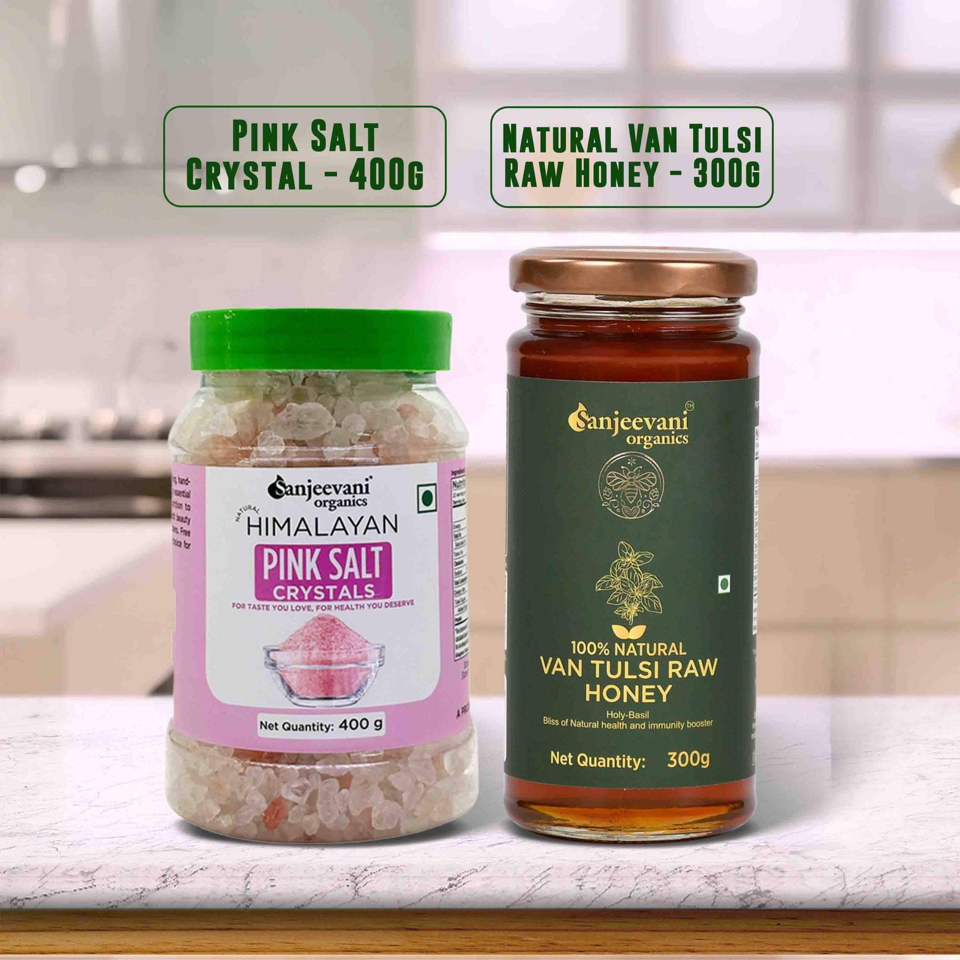 Barsana Magic and Two jars of Sanjeevani Organics products on a kitchen counter.