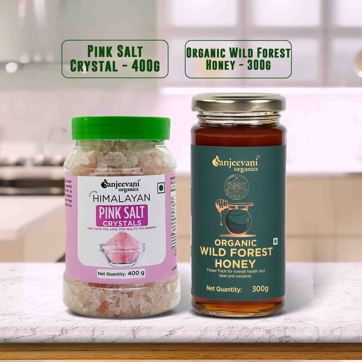 Barsana Magic and Two jars of Sanjeevani Organics products on a kitchen counter.