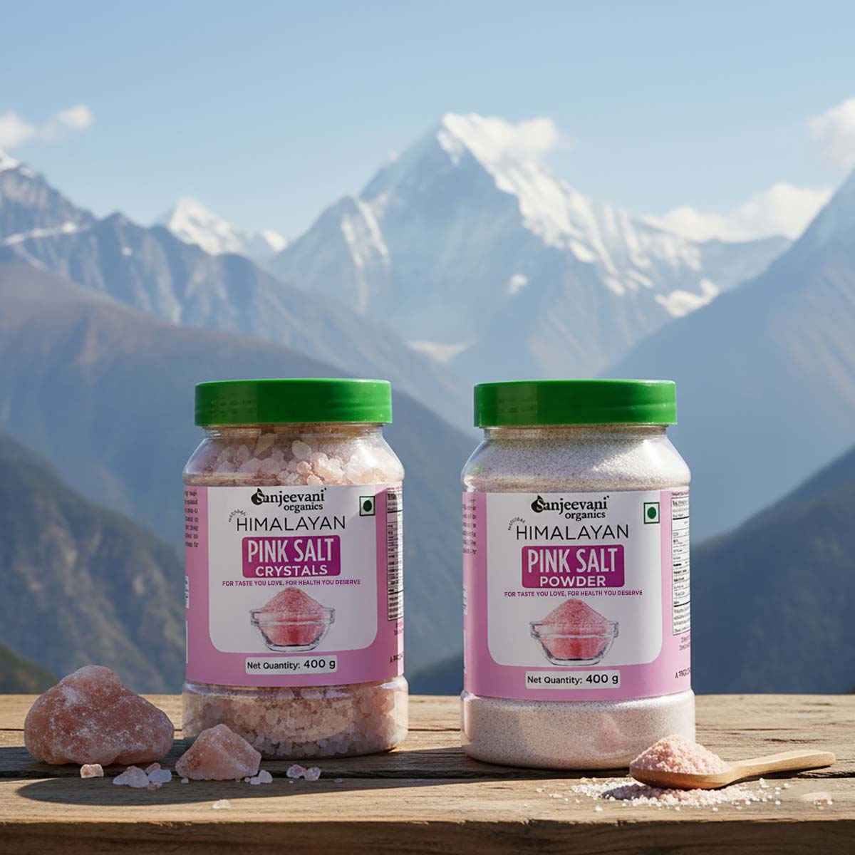 Barsana Magic and Two jars of Himalayan pink salt with mountains in the background
