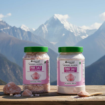 Barsana Magic and Two jars of Himalayan pink salt with mountains in the background
