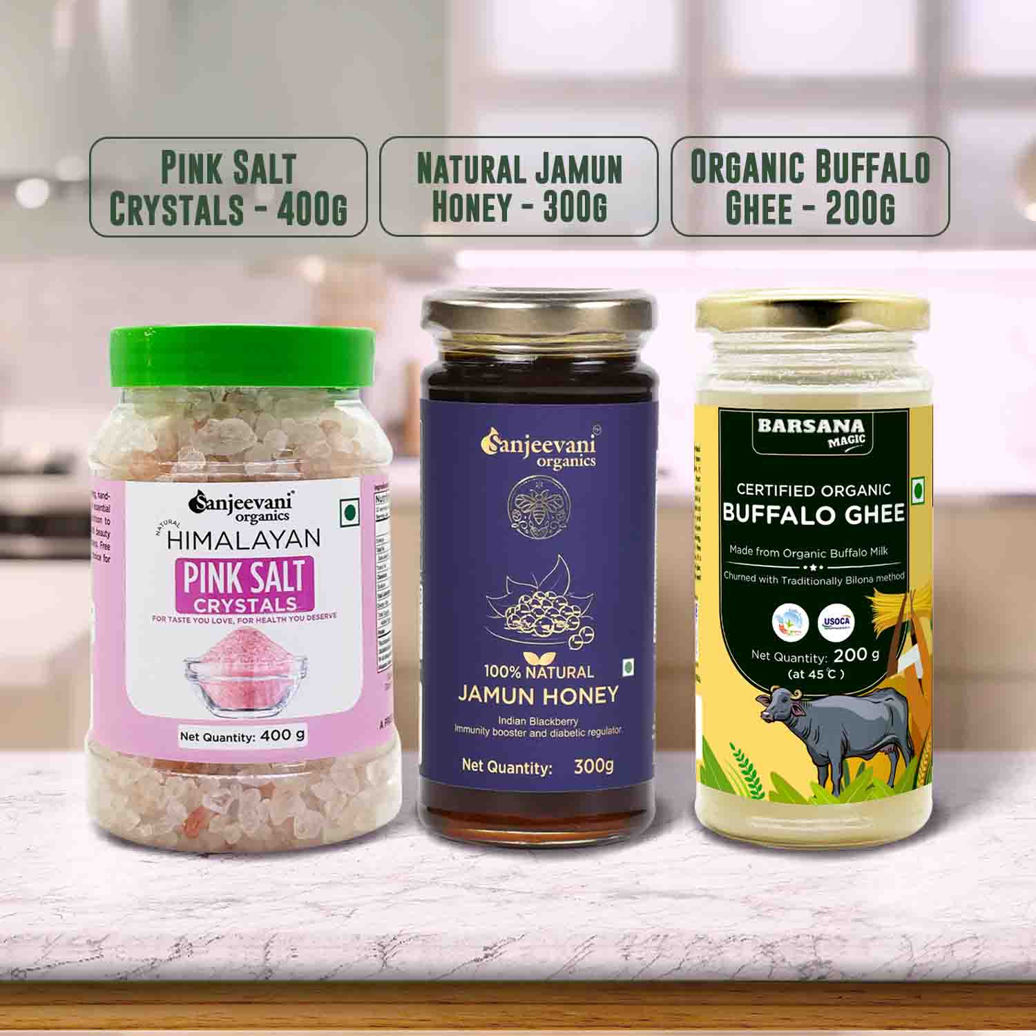 Barsana Magic and Three jars of different health products on a kitchen counter with labels.