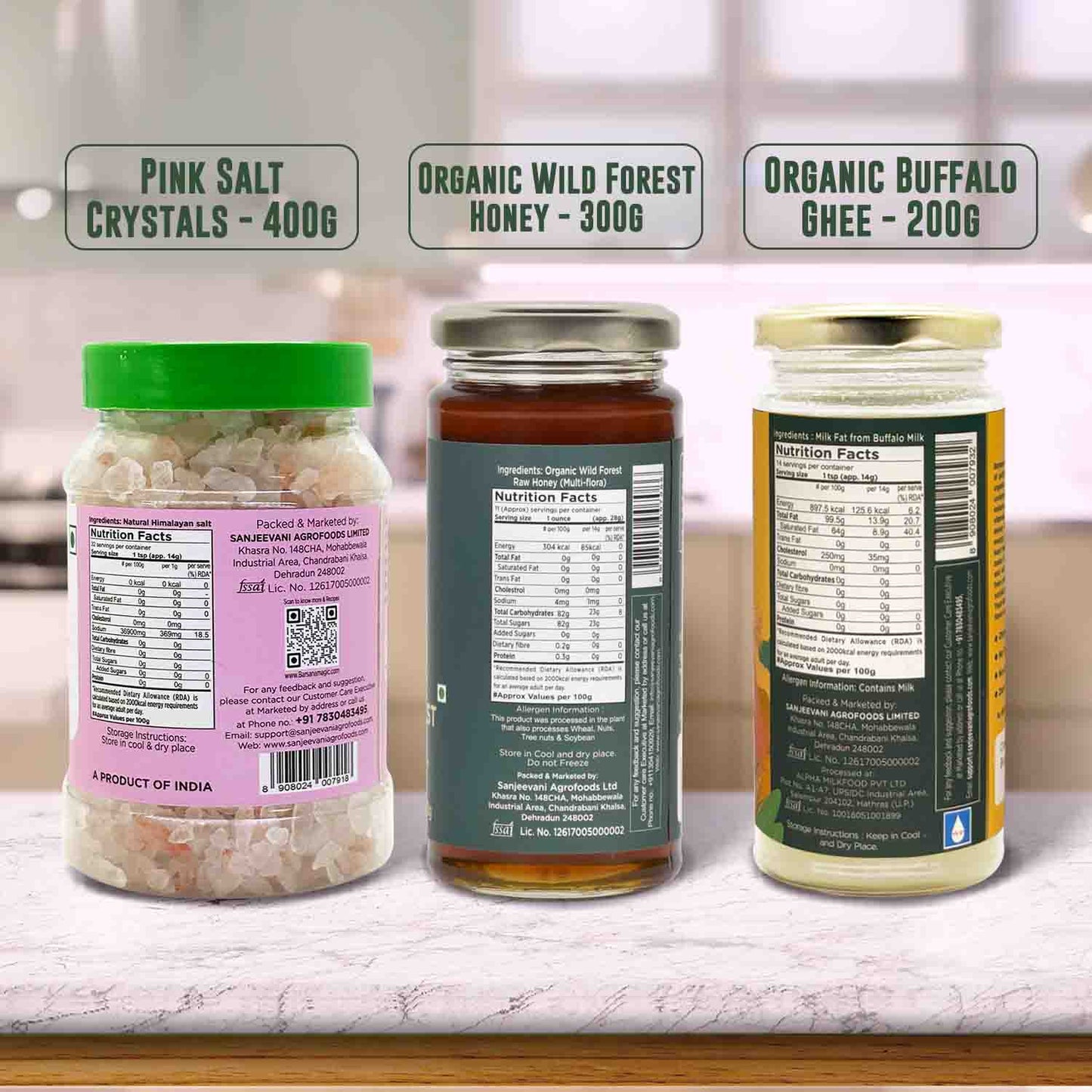 Barsana Magic and Three jars of different products with labels on a countertop