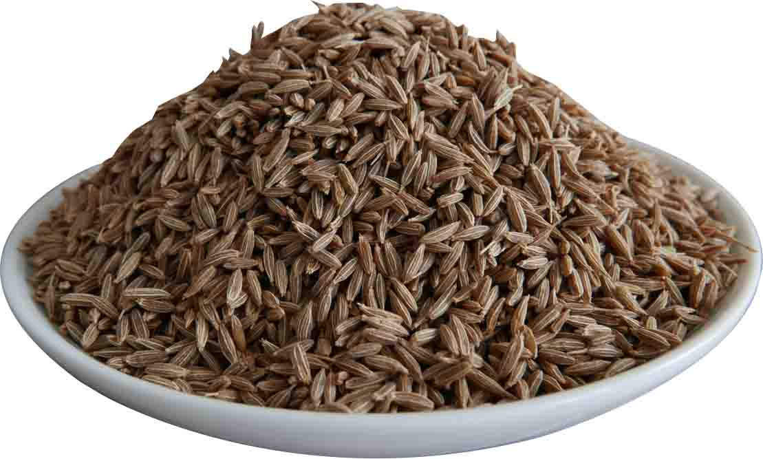 Barsana Magic and Pile of cumin seeds in a white bowl on a white background