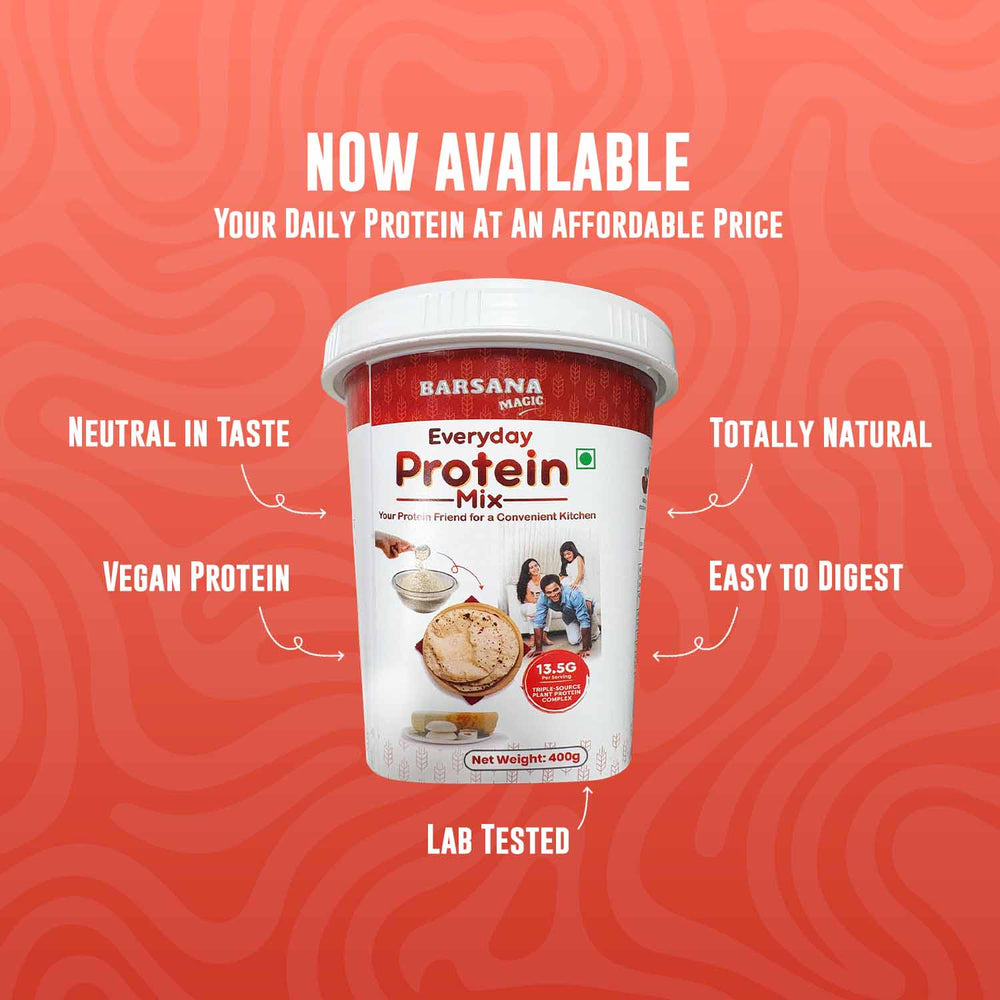 Barsana Magic and Everyday Protein Mix container on a red patterned background with text highlighting features.