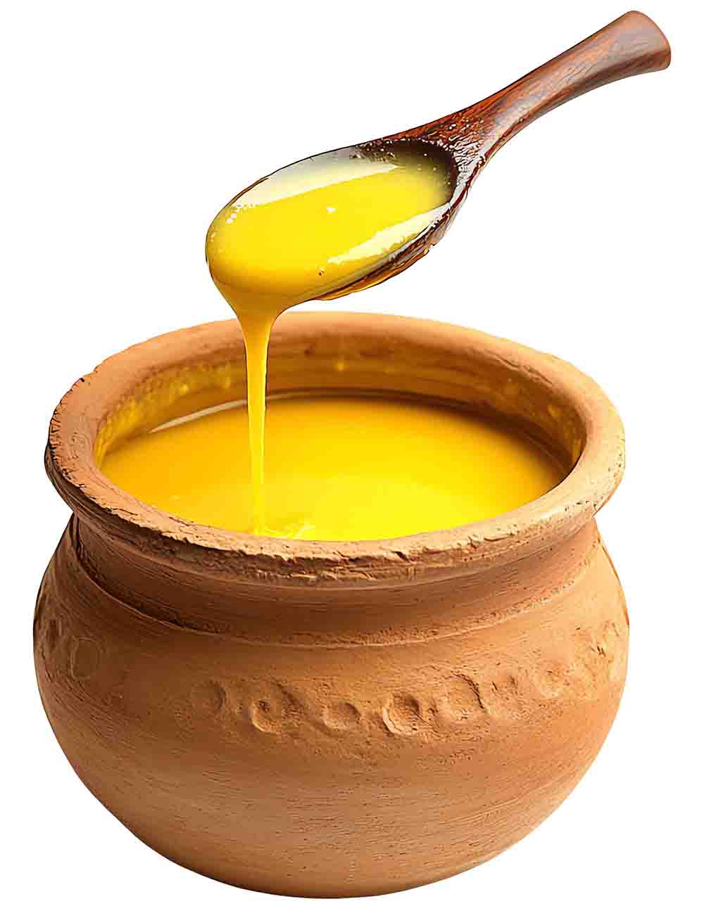 Barsana Magic and Spoon pouring yellow liquid into a terracotta pot on a white background