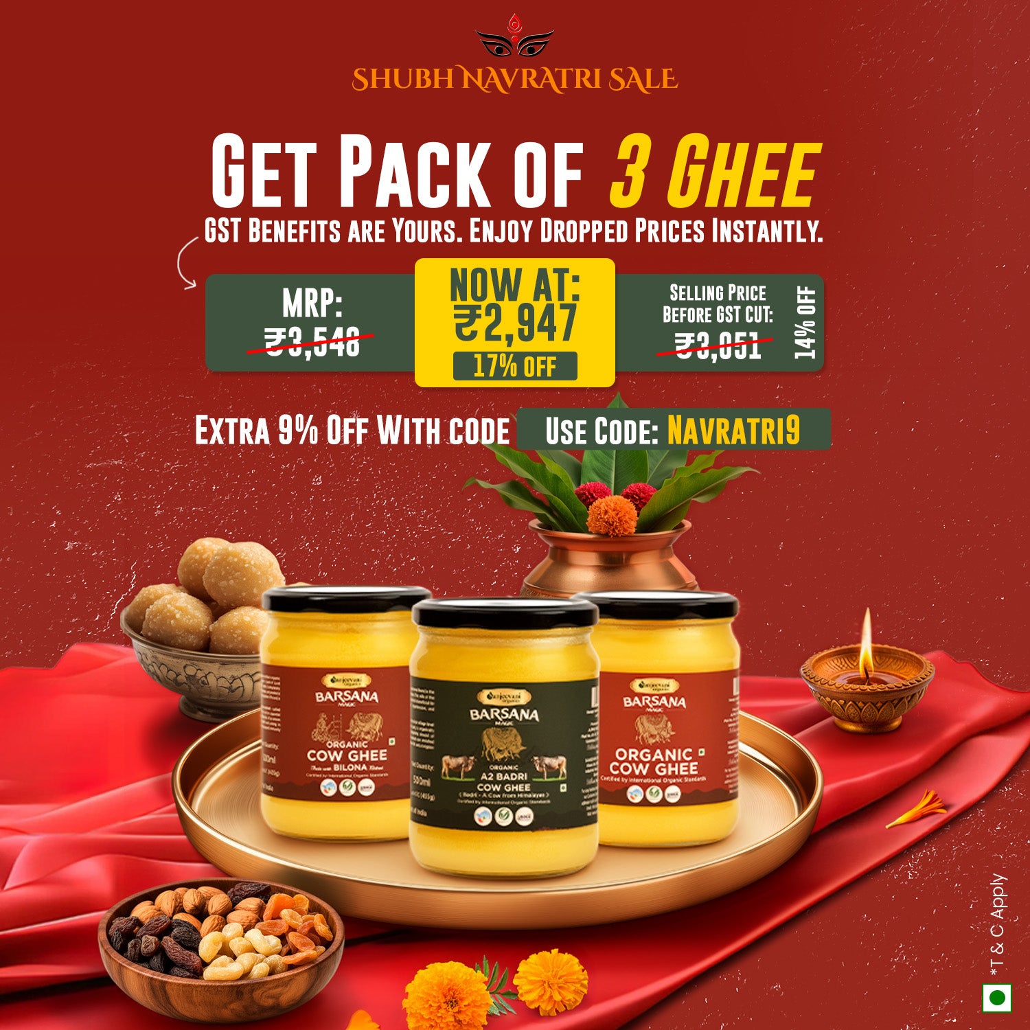 Barsana Magic and Advertisement for Shubh Navratri Sale with Barana Ghee products on a red background.