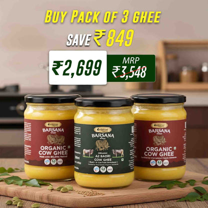 Barsana Magic and Three jars of Barsana Organic Cow Ghee on a wooden board with promotional text overlay.