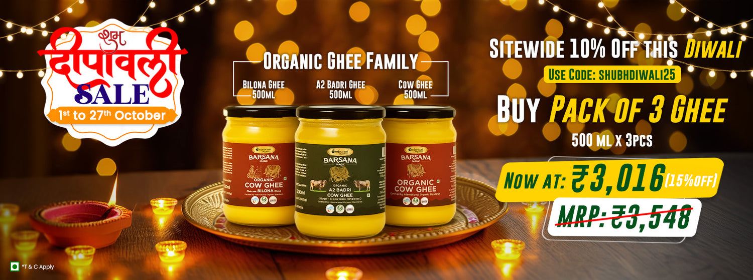 Barsana Magic and Promotional banner for Organic Ghee Family with Diwali sale offer on a wooden table.