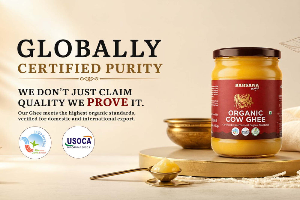 Barsana Magic and Jar of Organic Cow Ghee with certification logos on a beige background
