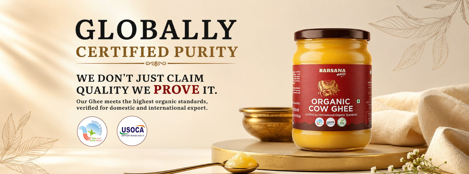 Barsana Magic and Jar of cow ghee with a label on a beige background, featuring text about global purity certification.