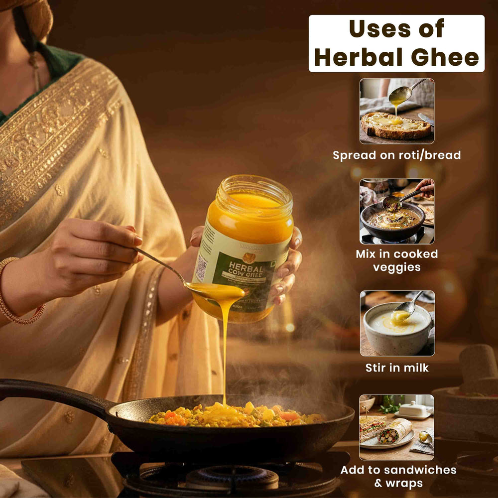 Barsana Magic and Person holding a jar of herbal ghee with images showing its uses on roti, bread, and other dishes.