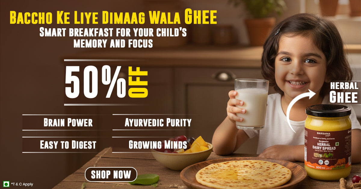 Barsana Magic and Promotional advertisement for herbal ghee with a child holding a glass of milk, set in a kitchen.