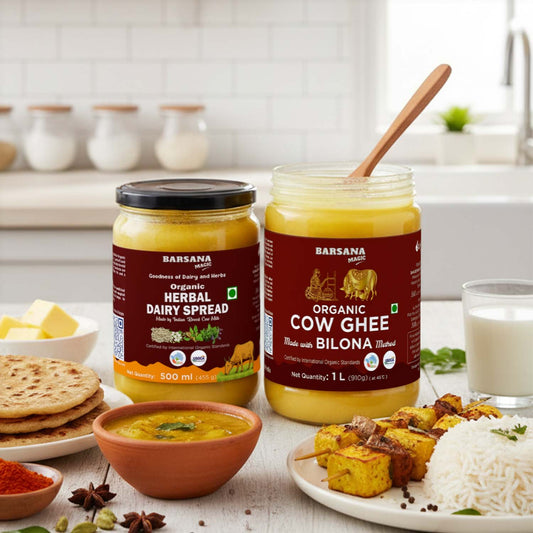 Barsana Magic and Two jars of Barsana organic dairy products on a table with food items.