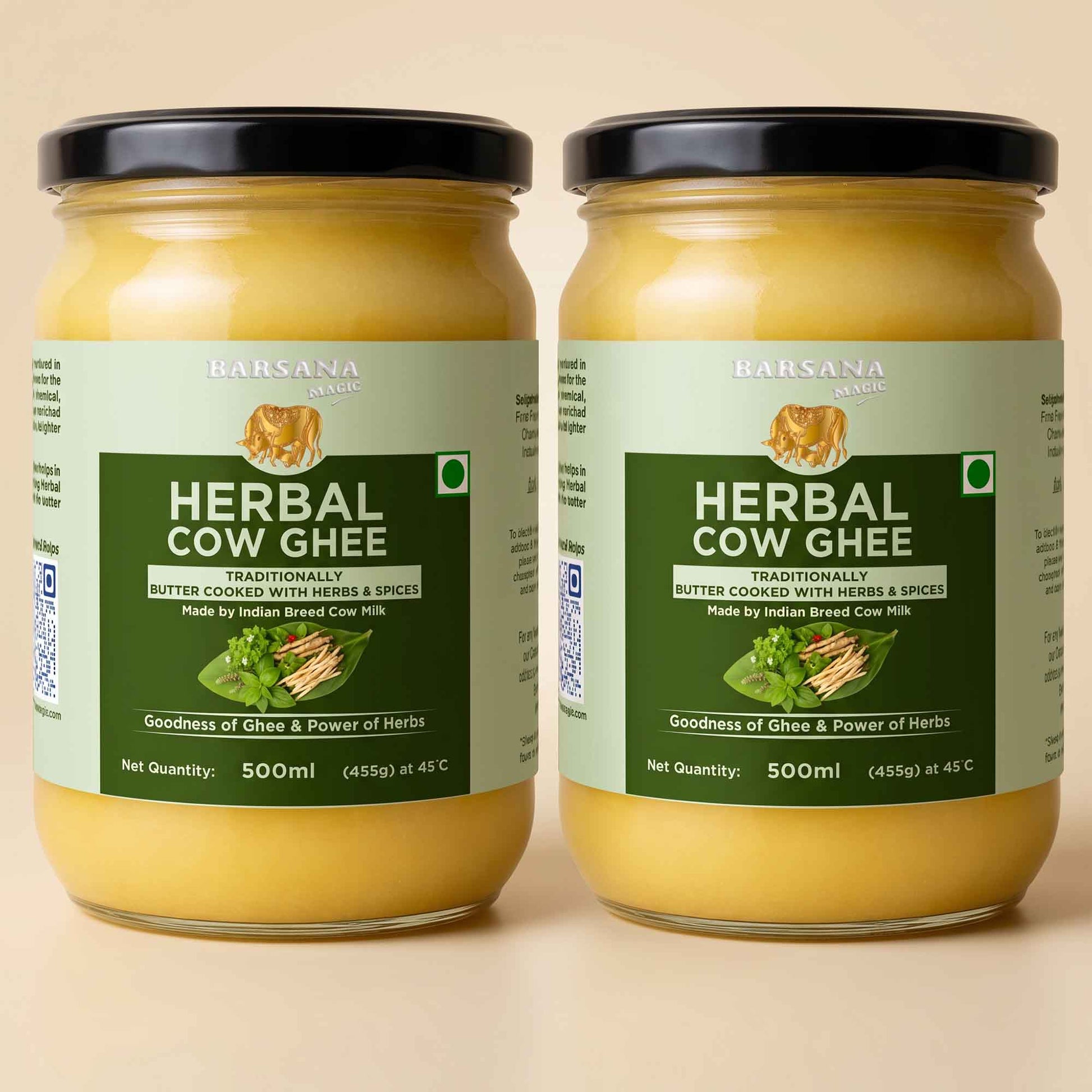 Barsana Magic and Two jars of Barsana Herbal Cow Ghee displayed side-by-side against a solid beige background. The jars are filled with a golden-yellow ghee and feature light green labels with dark green text panels, black lids, and a small illustration of a cow on each label.
