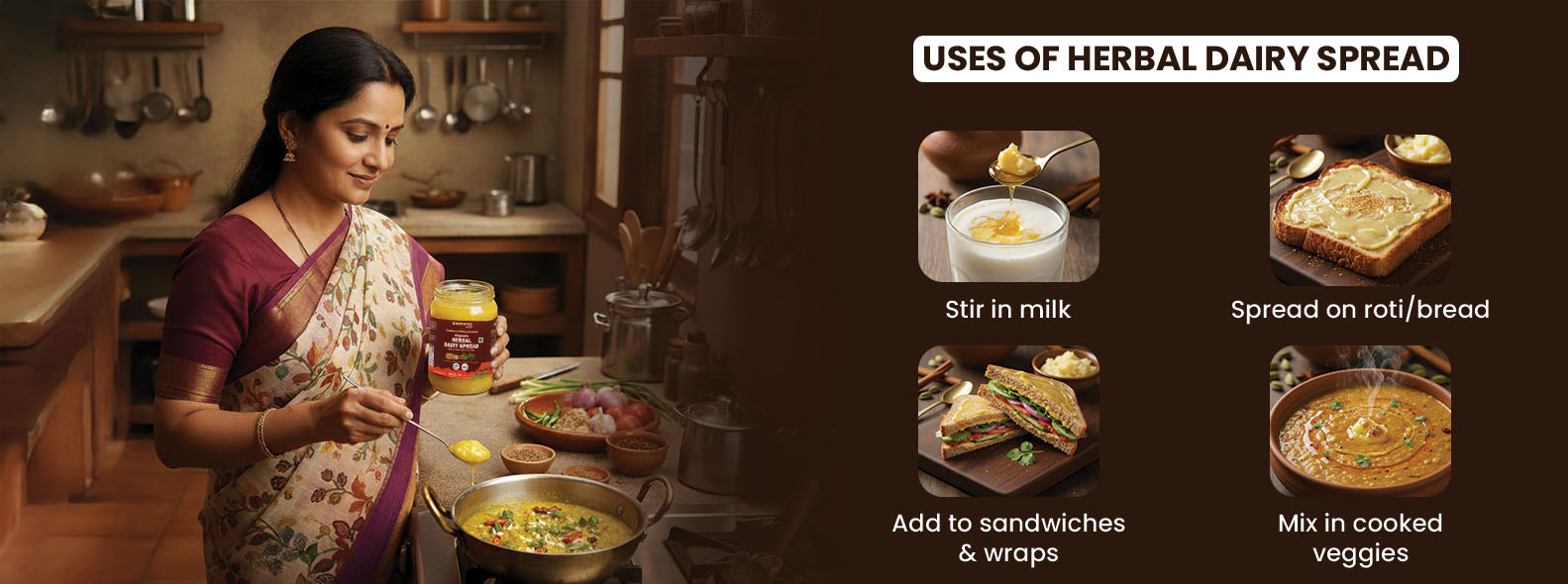 Barsana Magic and Woman in a kitchen using herbal dairy spread with images of its uses on the right.