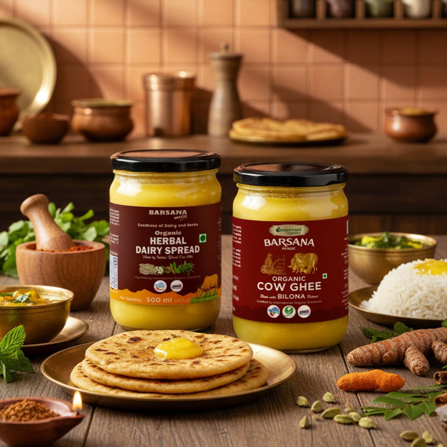 Barsana Magic and Two jars of organic dairy products on a wooden table with food items.