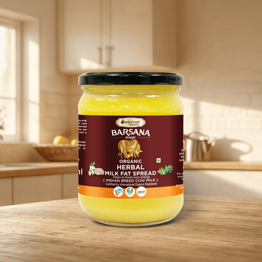 Creamy Organic Herbal Milk Fat Spread in a 500ml jar, crafted from grass-fed cow milk and infused with healing herbs.