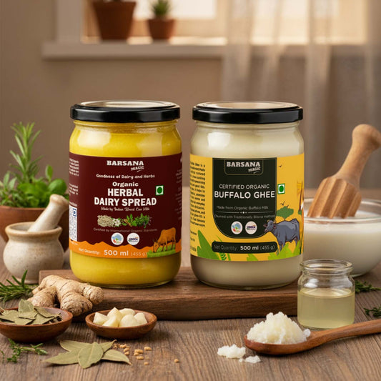 Barsana Magic and Two jars of Barsana organic dairy products on a wooden surface with kitchen items in the background.