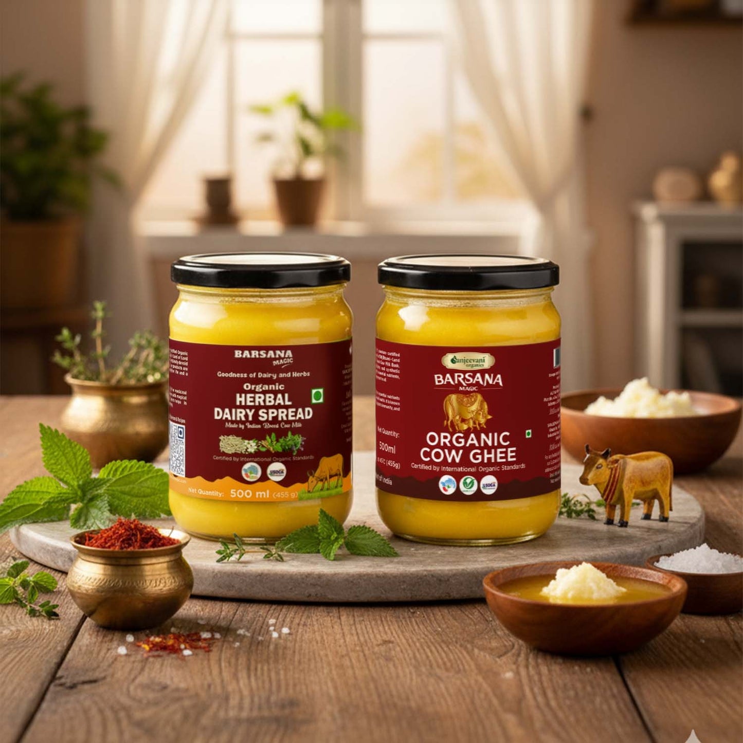 Barsana Magic and Two jars of Barsana Organic Cow Ghee on a wooden table with herbs and a small cow figurine.