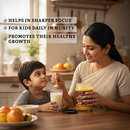Barsana Magic and Woman and child in a kitchen with a jar of a product, surrounded by text about its benefits.