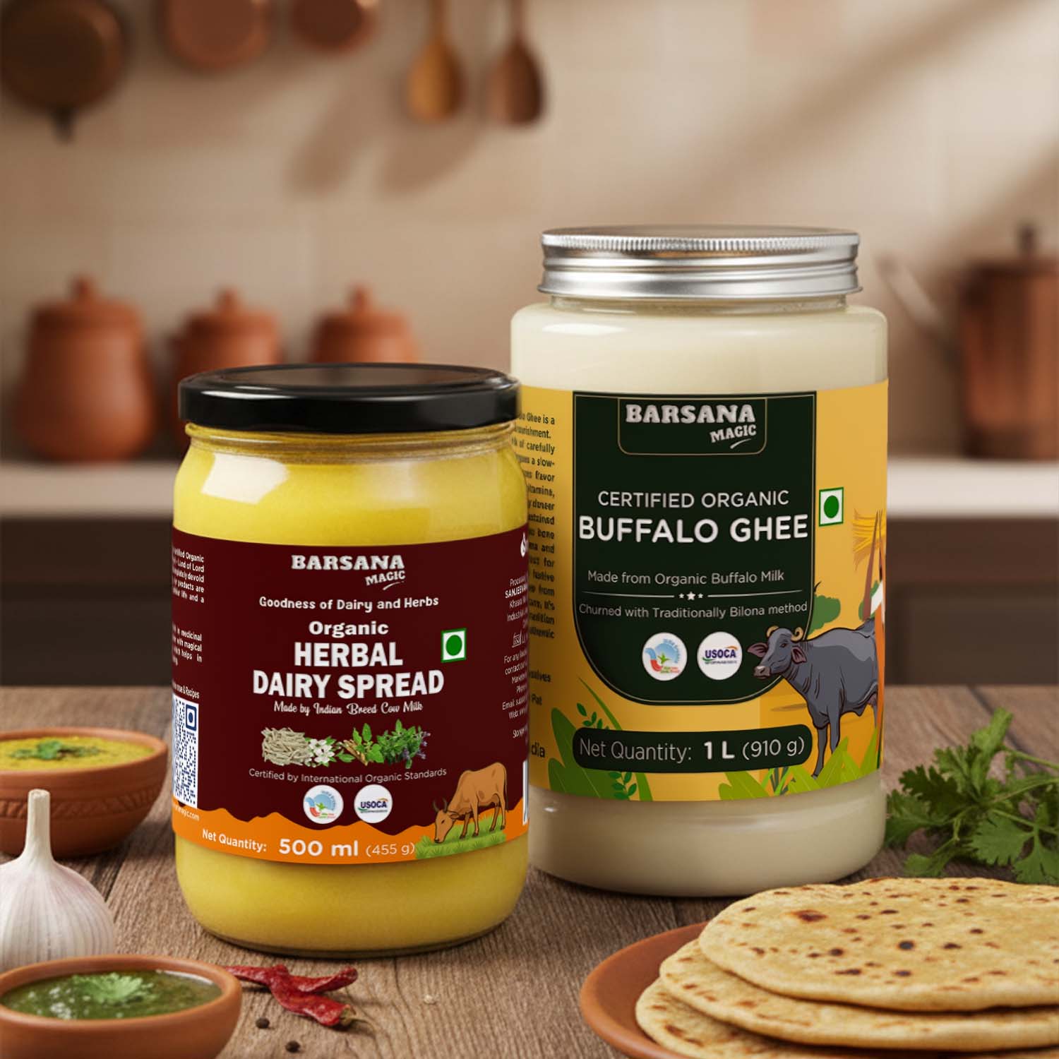 Barsana Magic and Two jars of Barsana dairy products on a wooden surface with a kitchen background.
