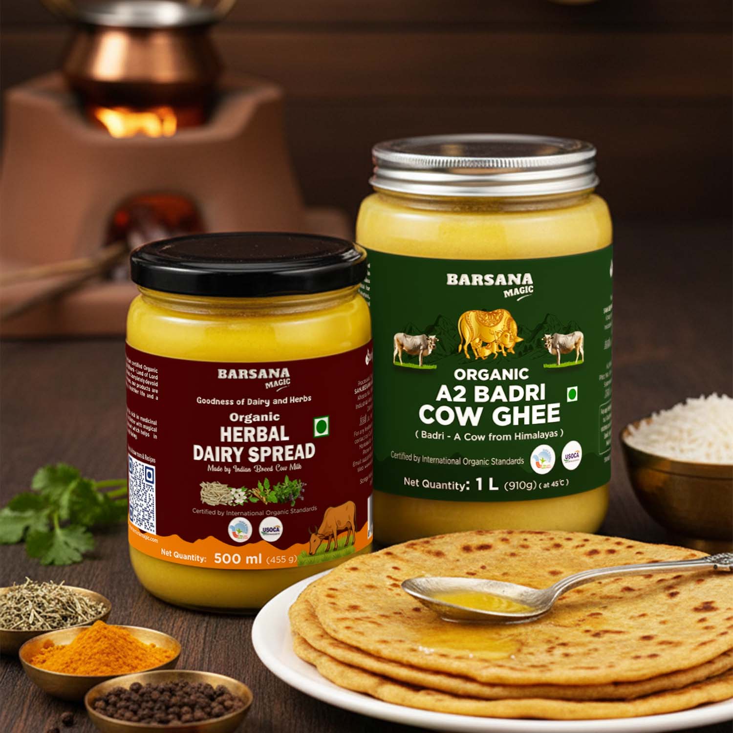 Barsana Magic and Two jars of Barsana dairy products on a wooden table with flatbread and spices.