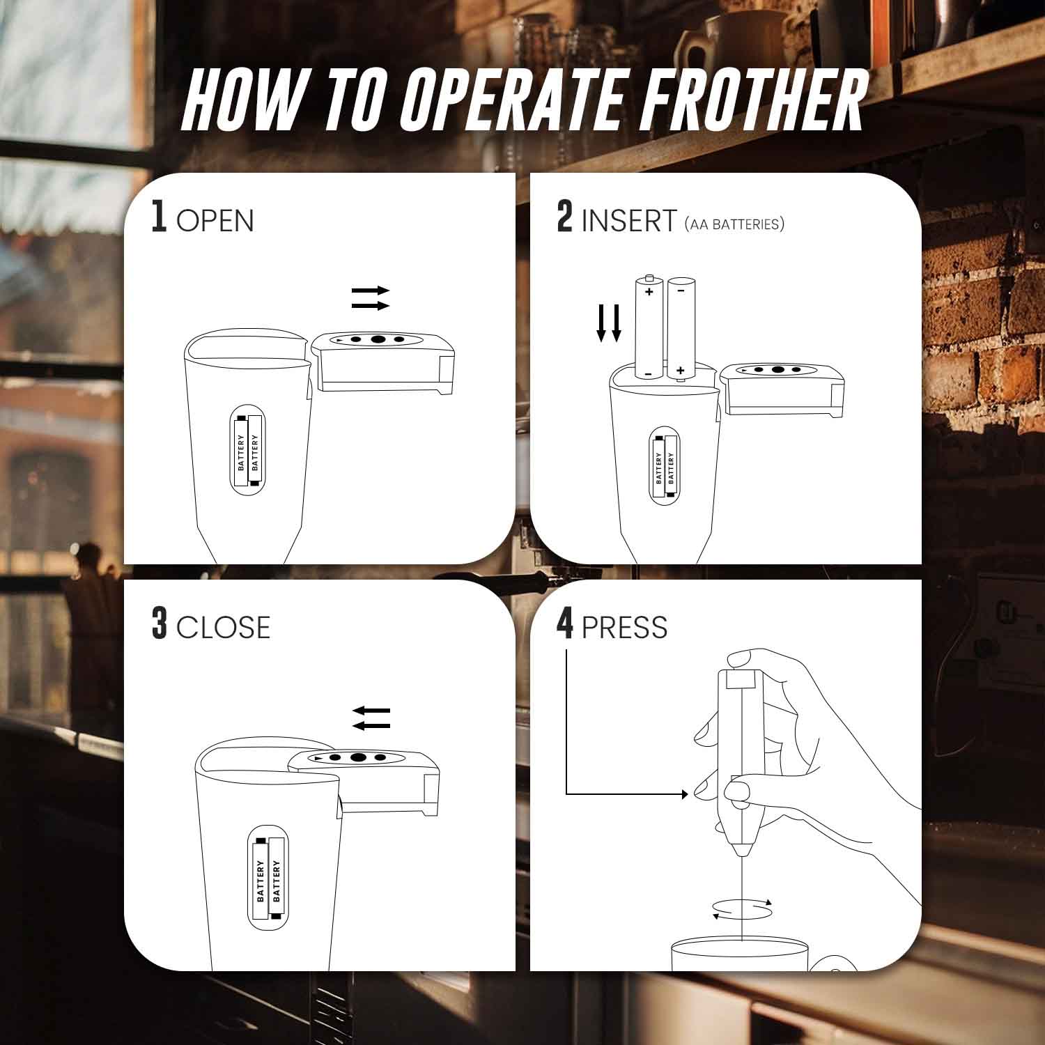 Barsana Magic and Instructions on how to operate a frother with a blurred cafe background